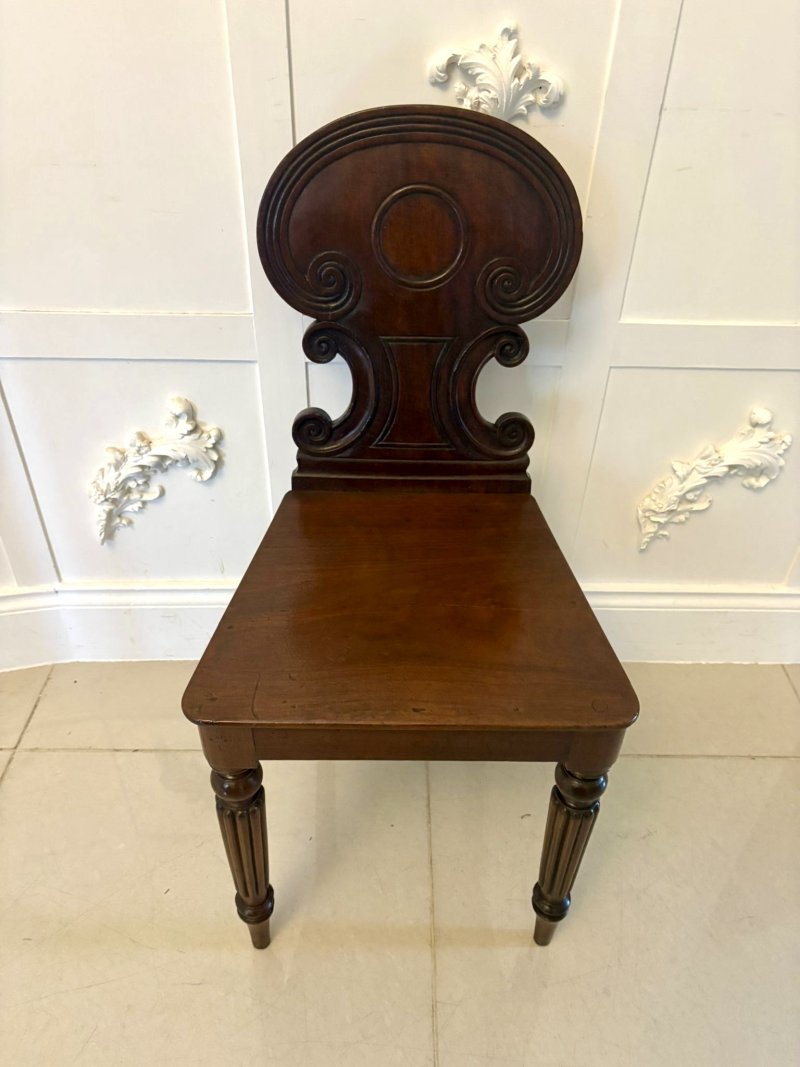 Pair of Antique Regency Quality Carved Figured Mahogany Hall Chairs - Image 6